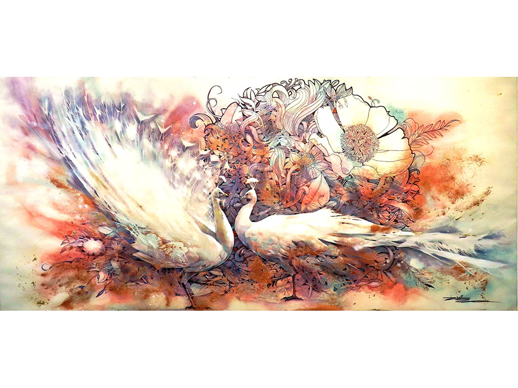 雙霞爭艷,150×70 cm,複合媒材,2020