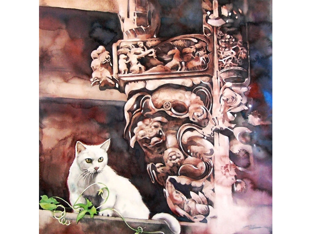 白貓，82×82 cm，水彩，2000