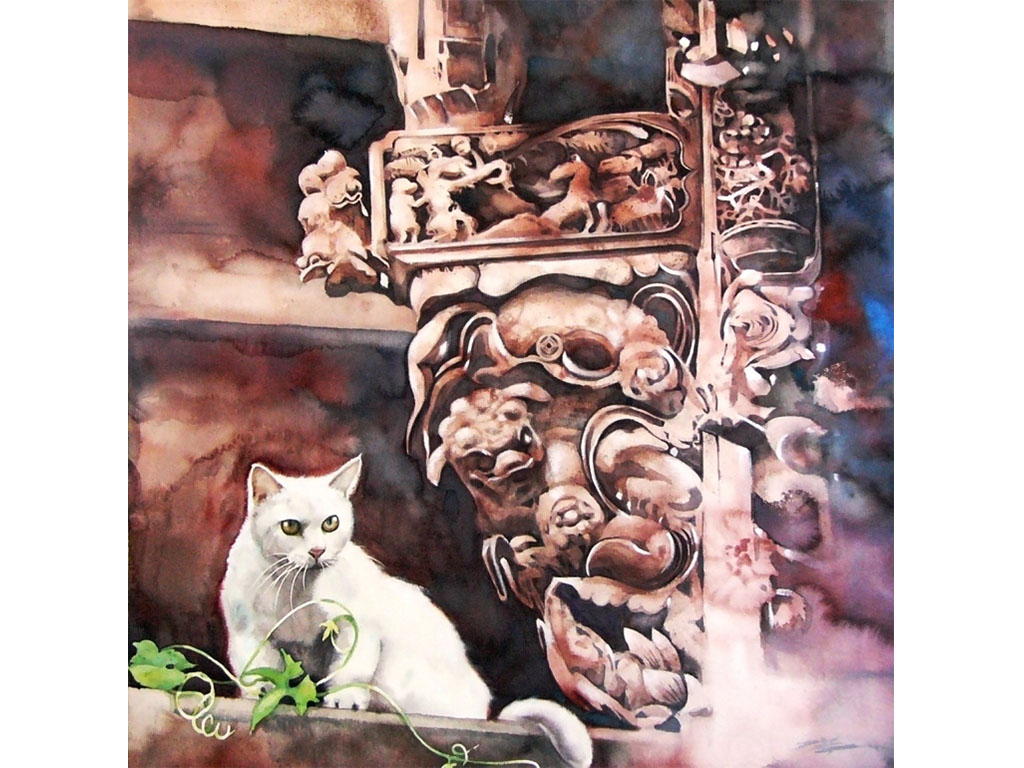 白貓,82×82 cm,水彩,2000